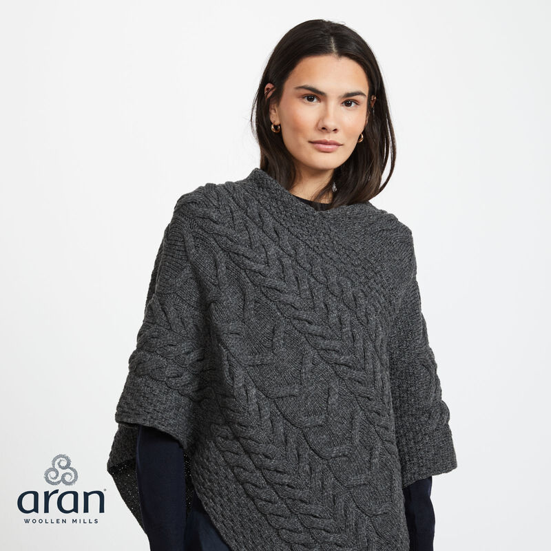 Aran Woollen Mills Super Soft Merino Wool Triangular Aran Cable Knitted Poncho Charcoal
